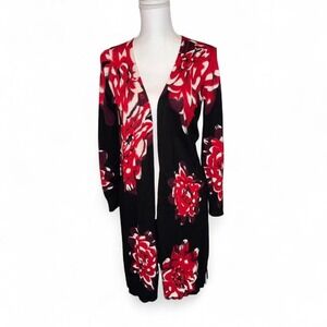 GORGEOUS‎ RED BLACK FLORAL LONG CARDIGAN SWEATER LADIES SMALL